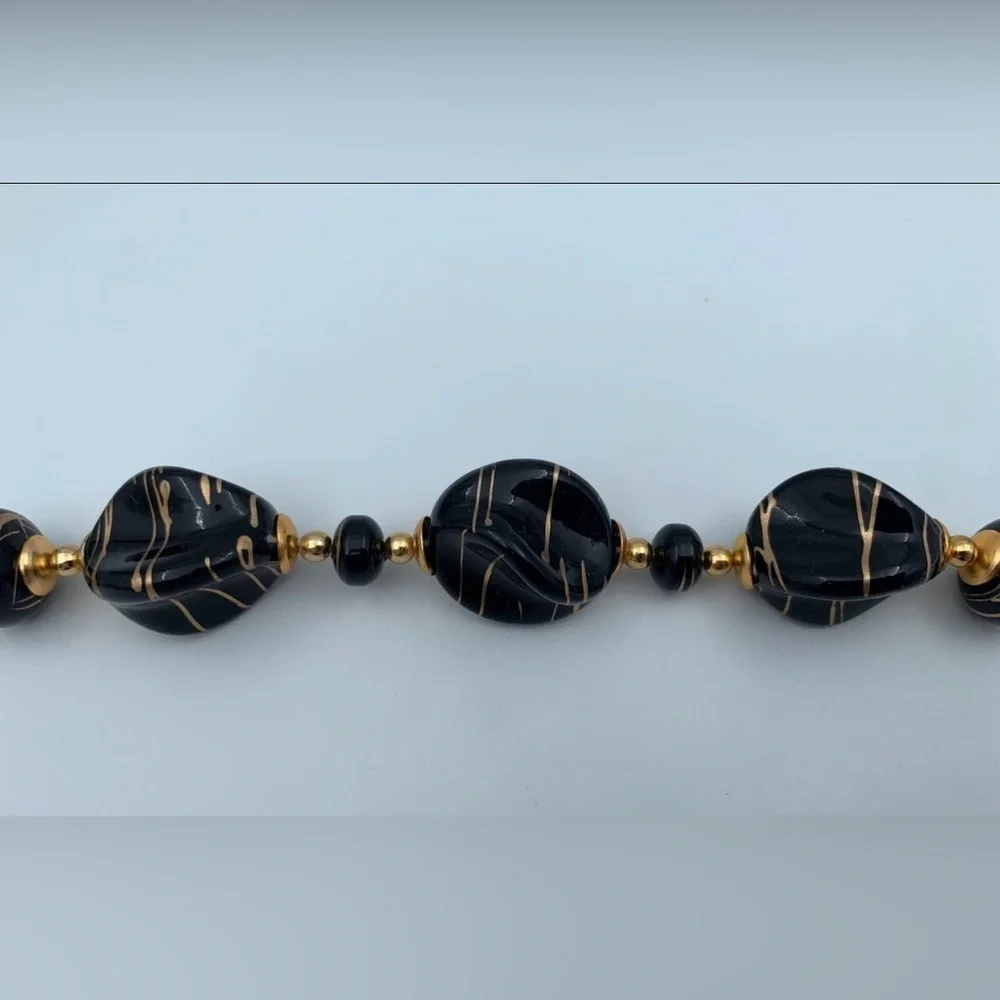 Vintage Jet Black Lucite Gold Color Drizzle Beaded Necklace Chunky Retro Jewelry